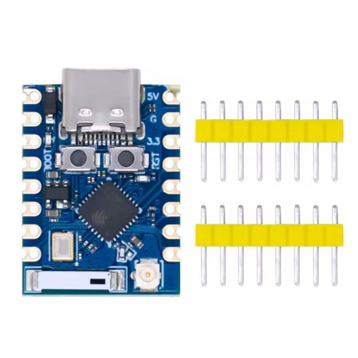 ESP32-C3 alapú mini fejlesztőkártya USB-C csatlakozóval, U.FL antennaaljzattal, programozható GPIO pontokkal és kompakt nyomtatott áramköri kialakítással, IoT eszközök és vezeték nélküli szenzorok készítéséhez kis helyen is.