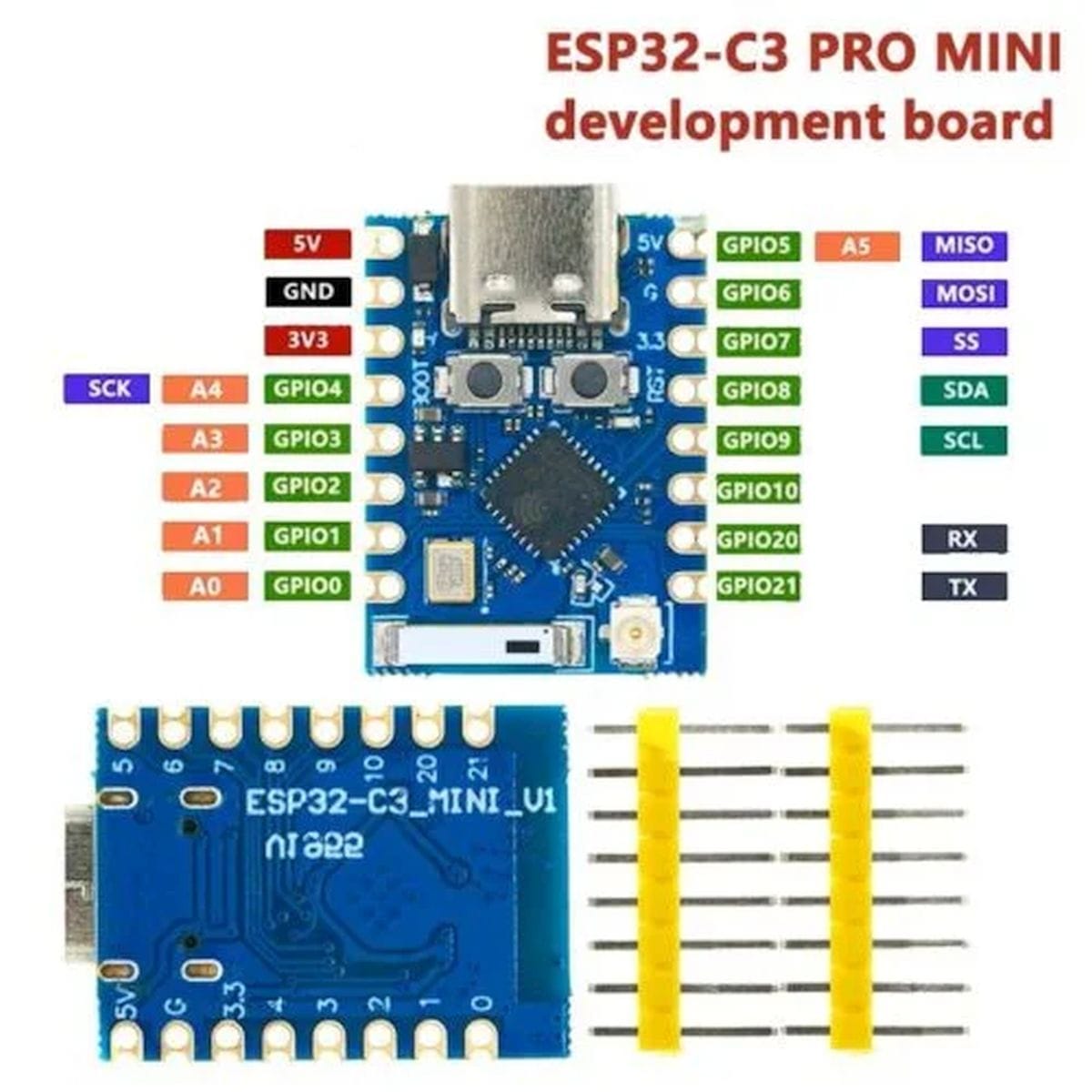 Kompakt ESP32-C3 SuperMini fejlesztőpanel USB-C porttal, U.FL külső antenna csatlakozóval és oldalsó GPIO kivezetésekkel, vezeték nélküli szenzoros, okosotthonos és adatgyűjtő projektekhez, kis méretű beágyazott rendszerekben.