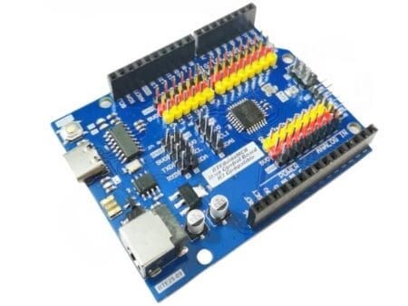 Arduino UNO R3 kompatibilis BTEduinoMCB fejlesztőpanel színes szenzor-tüskesorokkal és USB csatlakozóval.