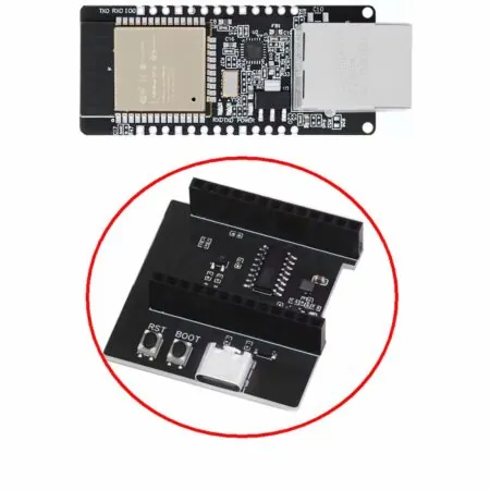 Kompakt WT32-ETH01 USB-C programozó adapter fekete PCB-n, CH340 USB–soros átalakítással, nyomógombokkal és csatlakozósorokkal, ESP32 modul firmware-frissítéséhez és fejlesztés közbeni soros eléréséhez külön kábelköteg nélkül.