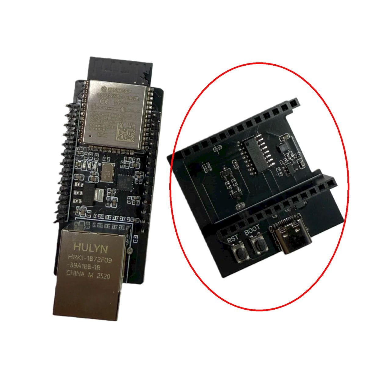 WT32-ETH01 modulhoz készült ETH Adapter Board USB-C bemenettel, CH340 soros vezérlővel, két nyomógombbal és illesztőcsatlakozókkal, egyszerűbb ESP32 programozáshoz, firmware-cseréhez és műhelyben végzett teszteléshez.