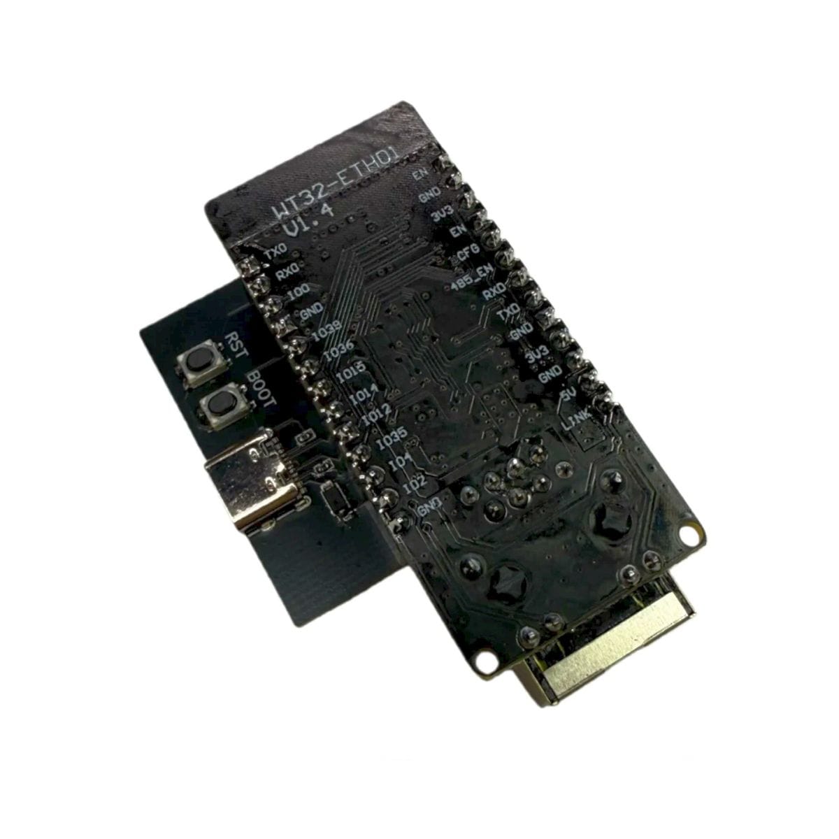 Fekete PCB-s ETH Adapter Board WT32-ETH01 fejlesztőmodulhoz, USB-C porttal, CH340 USB–UART illesztéssel, kezelőgombokkal és panelcsatlakozókkal, számítógépes ESP32 firmware-feltöltéshez és soros hibakeresési munkához.