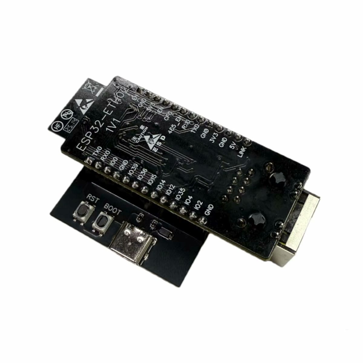 WT32-ETH01 programozó adapter USB-C csatlakozóval, CH340 USB–UART átalakítóval, két nyomógombbal és modulcsatlakozókkal, ESP32 Ethernet fejlesztőpanel firmware-feltöltéséhez, soros kommunikációhoz és ismételt műhelytesztekhez.