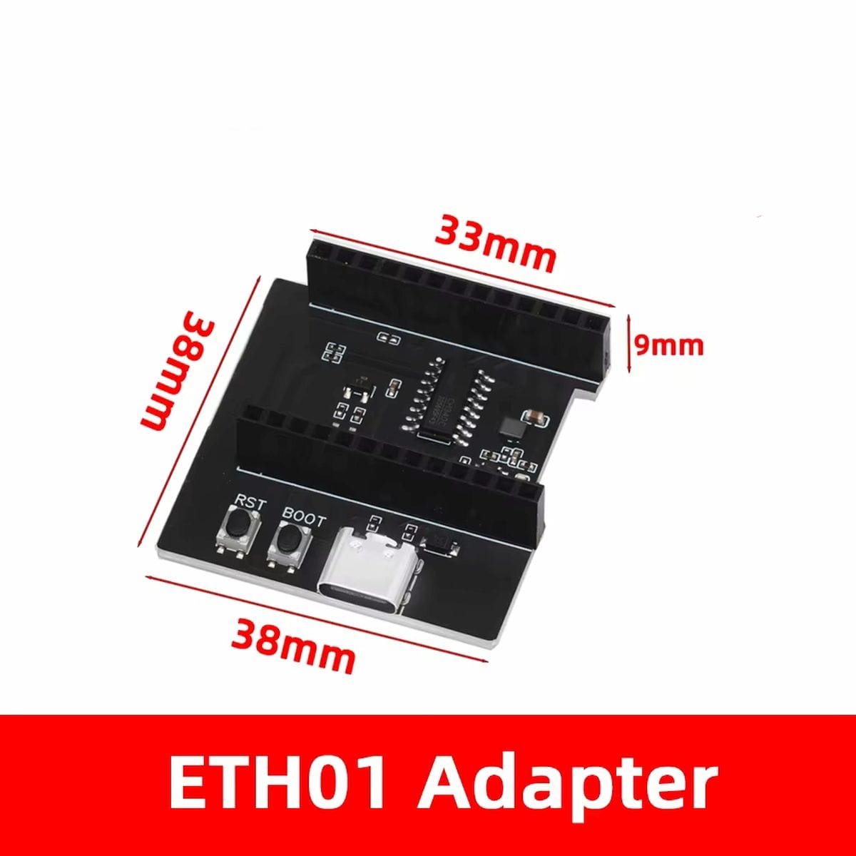 WT32-ETH01 ETH Adapter Board programozópanel fekete nyomtatott áramköri lappal, USB-C csatlakozóval, két kezelőgombbal és tüskesoros illesztéssel, CH340 alapú ESP32 firmware-feltöltéshez, rendezett műhelyprogramozáshoz és soros kommunikációhoz.