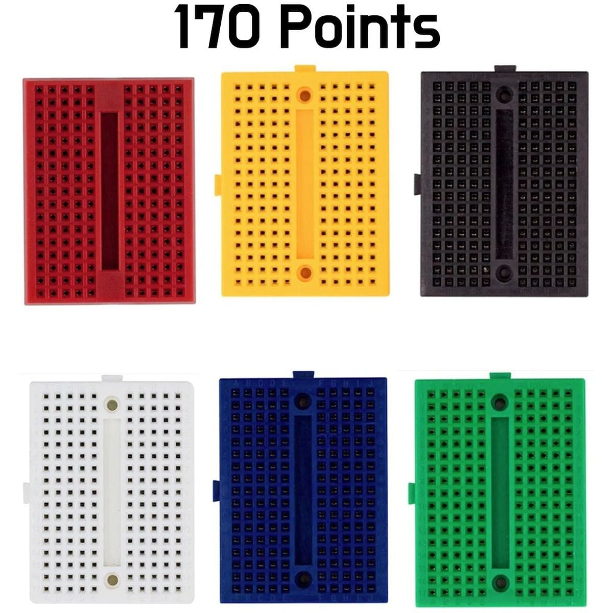 Kék 170 lyukas breadboard próbapanel asztalon, színes háttérpanelekkel, elektronikai prototípus breadboardon való kipróbálásához.