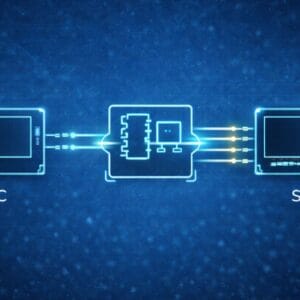 Digitális ábra I2C vs SPI kijelző-interfészről mikrokontrolleres rendszerben, különböző jelkimenetekkel.
