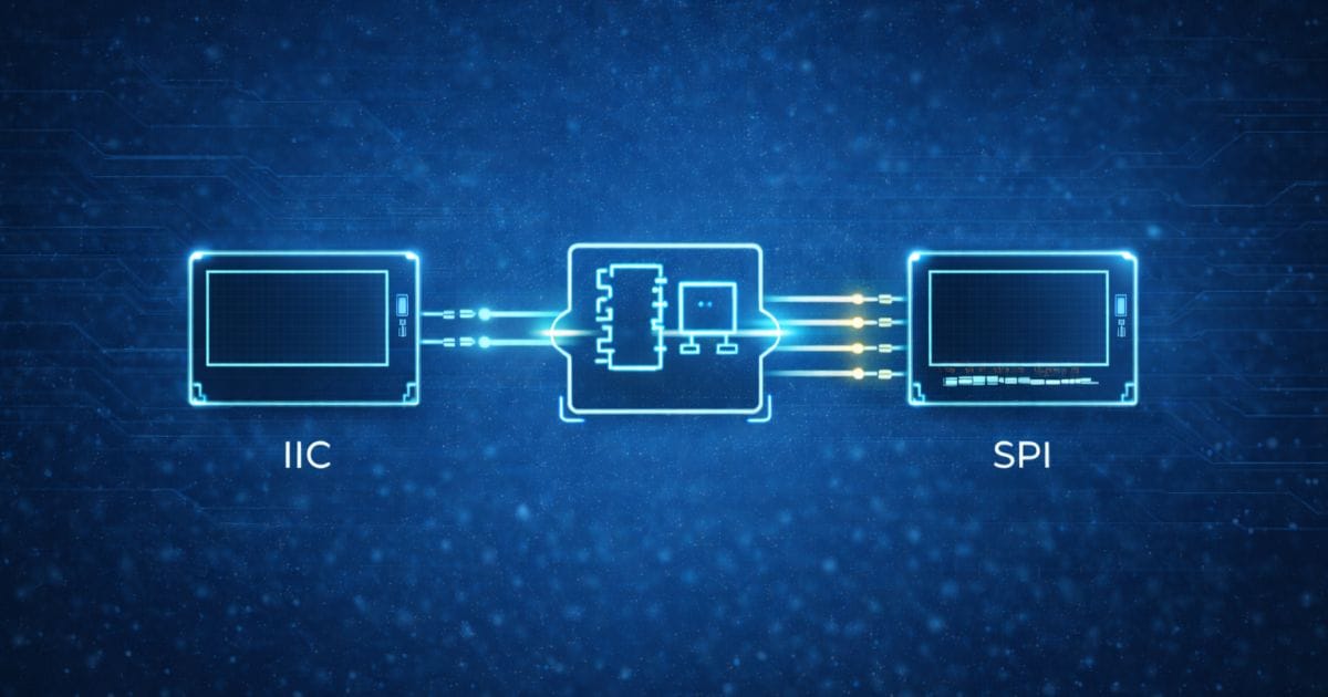Digitális ábra I2C vs SPI kijelző-interfészről mikrokontrolleres rendszerben, különböző jelkimenetekkel.