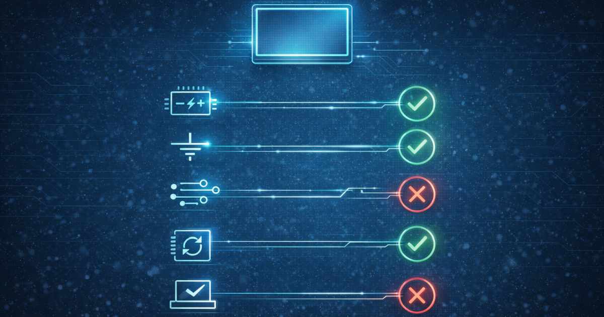 Mikrokontrolleres kijelző hibaelhárító checklist zöld pipákkal és piros X-ekkel.