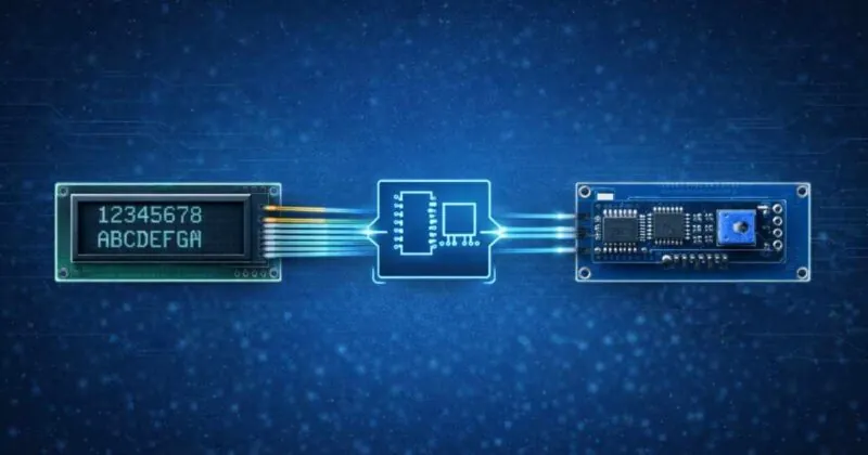 LCD modul bal oldalon párhuzamos adatkapcsolattal, jobbra IIC expanderes vezérlőpanel kapcsolódik hozzá.