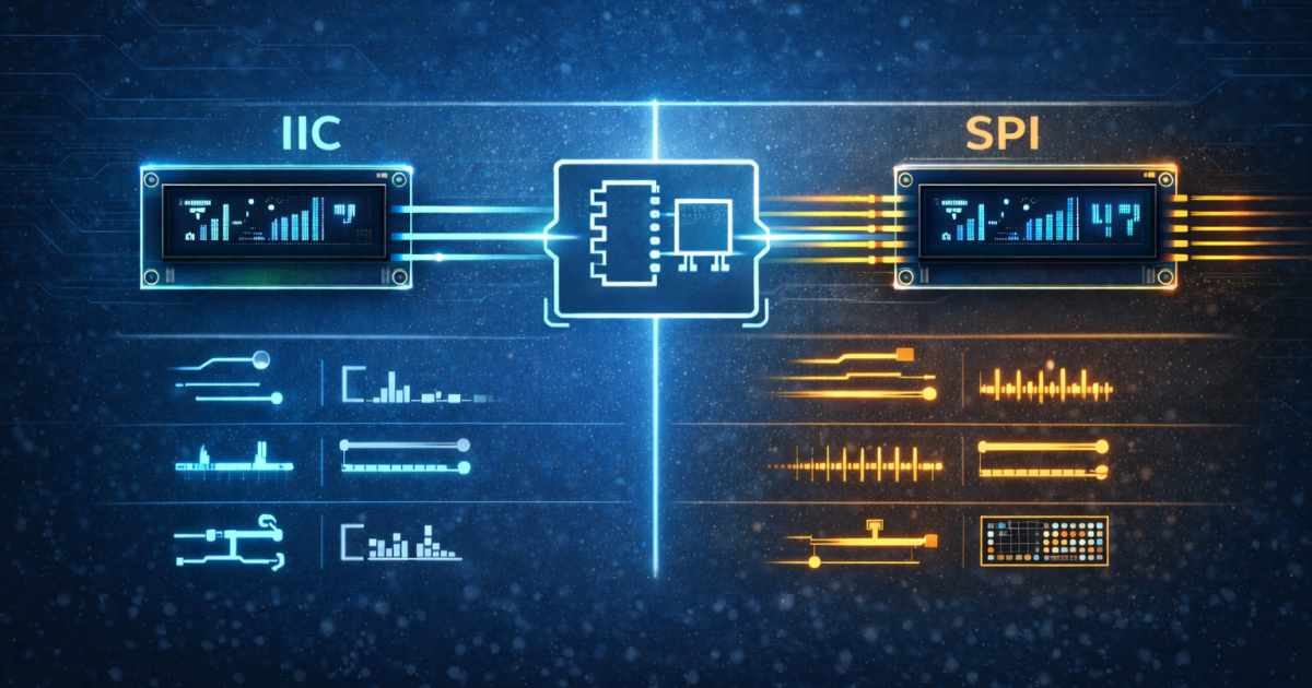 OLED kijelzők adatkapcsolata I2C és SPI interfészen keresztül, grafikus megjelenítéssel mikrokontrollerhez kötve.