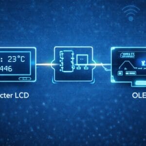 Digitális hőmérsékletkijelző karakteres LCD-n, grafikus felület OLED-en – kijelzőtechnológia összehasonlítása.