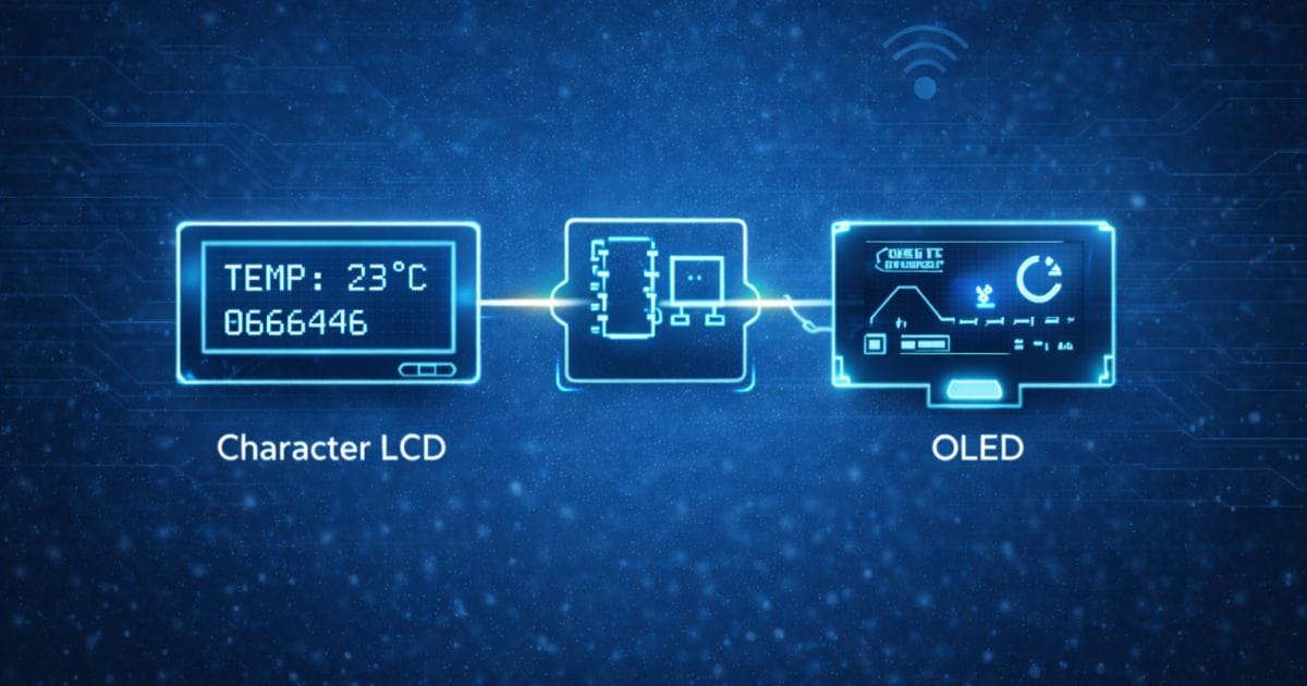 Digitális hőmérsékletkijelző karakteres LCD-n, grafikus felület OLED-en – kijelzőtechnológia összehasonlítása.