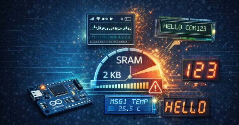 SRAM-határ kijelzőkkel: mikrokontrolleres rendszer grafikus és karakteres megjelenítőkkel.