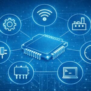 Egy mikrokontroller grafikus ábrája, amely különféle technológiai ikonokkal van összekapcsolva, jelezve az IoT, ipari automatizálás és digitális integráció lehetőségeit.