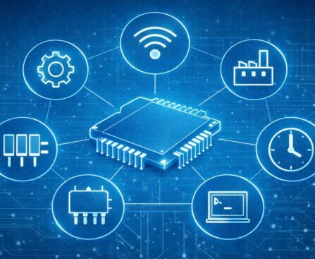 Egy mikrokontroller grafikus ábrája, amely különféle technológiai ikonokkal van összekapcsolva, jelezve az IoT, ipari automatizálás és digitális integráció lehetőségeit.