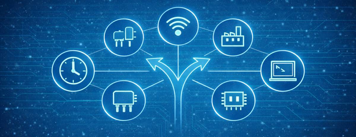 Digitális ábra, amely Wi-Fi központú adatirányítást mutat mikrokontrollereken, ipari rendszereken és IoT eszközökön keresztül – AI és technológiai hálózat szimbóluma.