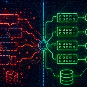 Piros hibajelzésekből zöld, ellenőrzött adatfolyam: AI alapú kiberbiztonság, adatintegritás és automatizált védelem futurisztikus vizuális megjelenítéssel.