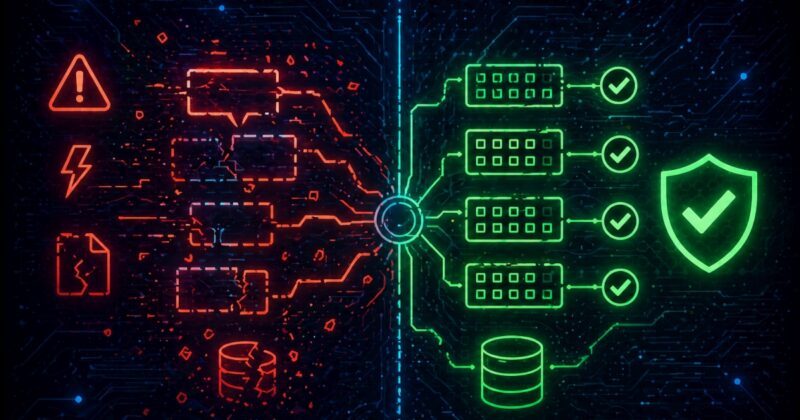Piros hibajelzésekből zöld, ellenőrzött adatfolyam: AI alapú kiberbiztonság, adatintegritás és automatizált védelem futurisztikus vizuális megjelenítéssel.