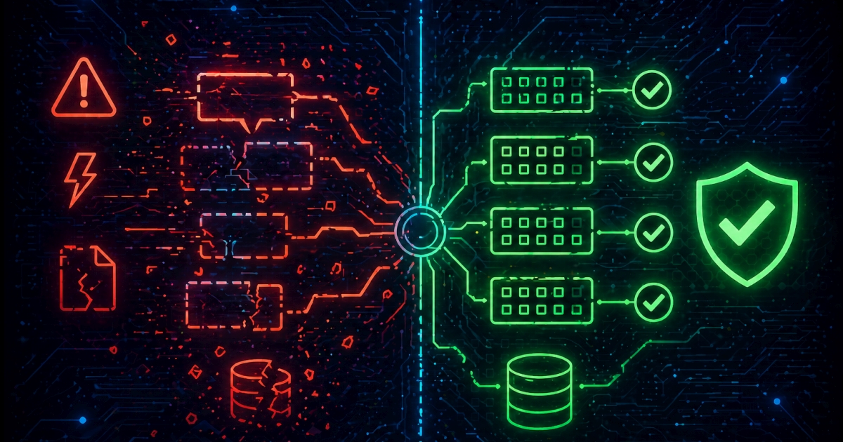 Piros hibajelzésekből zöld, ellenőrzött adatfolyam: AI alapú kiberbiztonság, adatintegritás és automatizált védelem futurisztikus vizuális megjelenítéssel.