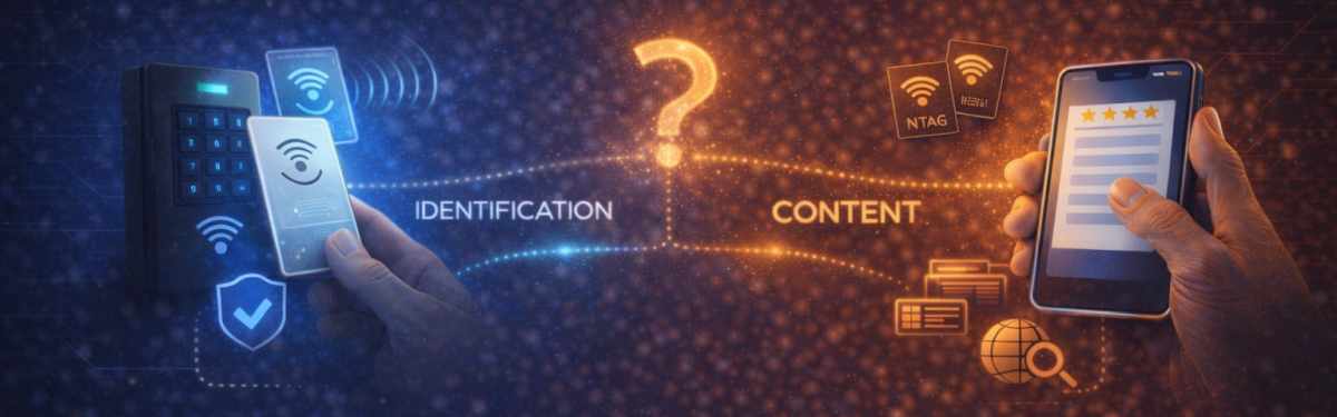 Két kéz látható: az egyik beléptető rendszernél NFC kártyát használ azonosításhoz, míg a másik mobiltelefonon tartalmat olvas le egy NFC címkéről.