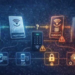 Beléptető kártya és klónkártya biztonsági kérdései egy okostelefonos NFC eszközzel és figyelmeztető szimbólumokkal.