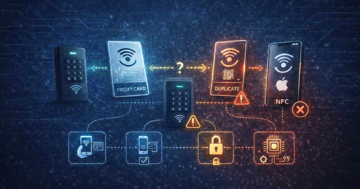 Beléptető kártya és klónkártya biztonsági kérdései egy okostelefonos NFC eszközzel és figyelmeztető szimbólumokkal.