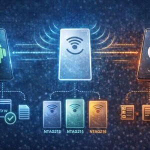 Különböző NTAG NFC-kártyák (213, 215, 216) kommunikálnak Android és iOS készülékekkel, eltérő működési eredményekkel, az NDEF struktúrától függően.
