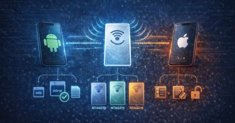 🏷️ Hogyan épül fel egy NFC-kártya adata, amit a telefon valóban ért? Különböző NTAG NFC-kártyák (213, 215, 216) kommunikálnak Android és iOS készülékekkel, eltérő működési eredményekkel, az NDEF struktúrától függően.