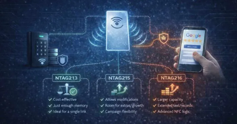🏷️ Google értékelés NFC-vel – miért NTAG213, és mikor érdemes mást választani? NFC kártyák és egy okostelefon Google értékeléssel – különböző NTAG típusok előnyei