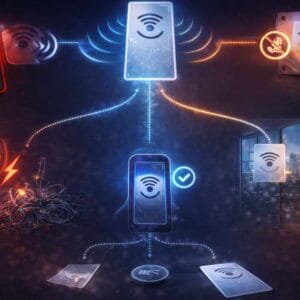 NFC-eszközökre és környezeti hatásokra érzékeny telefonos működés grafikus bemutatása – zavaró tényezők: fém, tok, elektromos zaj, üveg.
