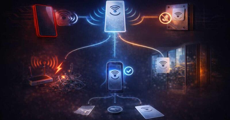 🏷️ Mi zavarja az NFC-t a valóságban? – A tok, fém, üveg vagy a környezeti hatások? NFC-eszközökre és környezeti hatásokra érzékeny telefonos működés grafikus bemutatása – zavaró tényezők: fém, tok, elektromos zaj, üveg.
