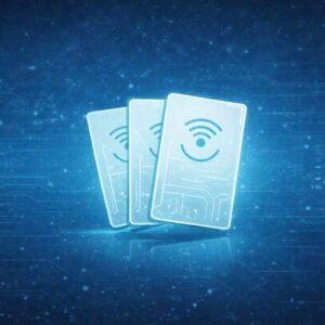 Klasszikus proxy kártyák beléptető olvasók és ajtóvezérlés között – digitális biztonsági rendszer szemléltetése.