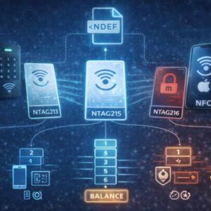 NFC kártyák (NTAG213, NTAG215, NTAG216) és okostelefonos adatfeldolgozás kapcsolata NDEF struktúrán keresztül vizuálisan ábrázolva.