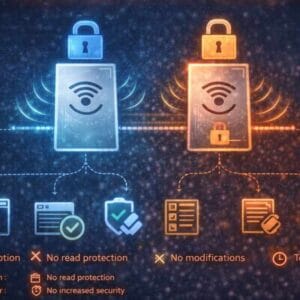 NFC-kártyák írásvédelmi állapotban – bal oldalon olvasható, de nem titkosított, jobb oldalon lezárt, de túl korán használt NTAG típusú chipek.