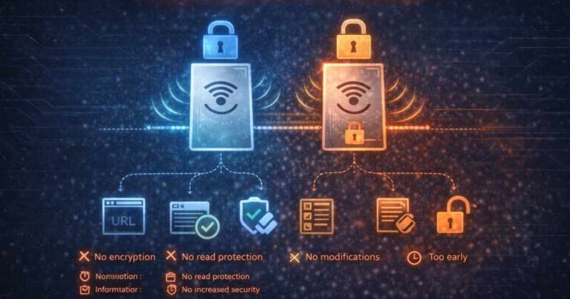 NFC-kártyák írásvédelmi állapotban – bal oldalon olvasható, de nem titkosított, jobb oldalon lezárt, de túl korán használt NTAG típusú chipek.
