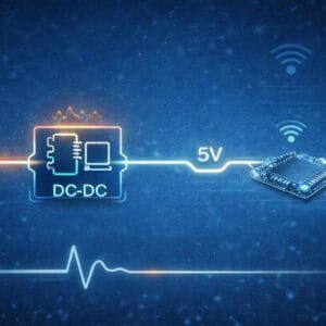 Tápellátási rendszer vizualizációja: DC–DC konverter stabil 5V-tal hajt egy mikrokontrollert különböző IoT eszközök számára.