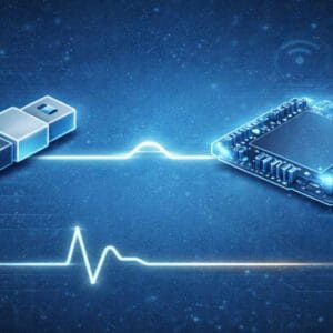 Mikrovezérlő és USB-port közötti kapcsolódás digitális adatátvitelre, technológiai és mesterséges intelligenciával támogatott vizuális stílusban.