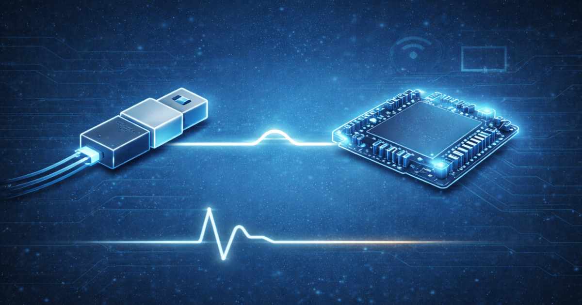 Mikrovezérlő és USB-port közötti kapcsolódás digitális adatátvitelre, technológiai és mesterséges intelligenciával támogatott vizuális stílusban.