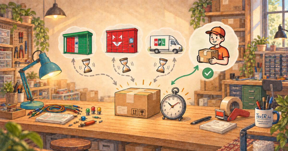 Műhelyasztalon csomag, ébresztőóra és elektronikai alkatrészek láthatók, fölöttük FOXPOST automata, MPL furgon és csomagot tartó futár jelzi a szállítási idők változását és a személyes átvétel előnyét.