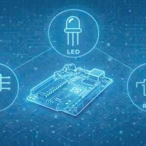 Egy Arduino mikrokontroller futurisztikus háttérrel, amely LED, relé és I2C eszközökhöz való kapcsolódást szemlélteti.