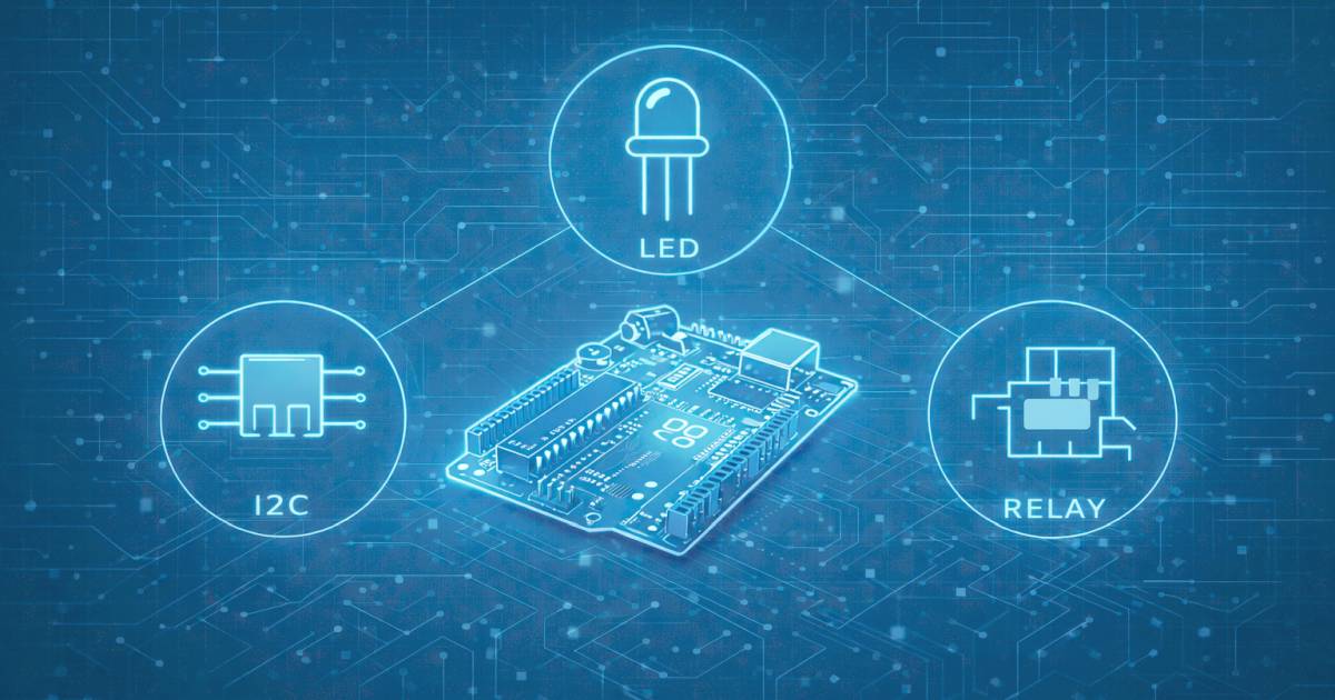 Egy Arduino mikrokontroller futurisztikus háttérrel, amely LED, relé és I2C eszközökhöz való kapcsolódást szemlélteti.