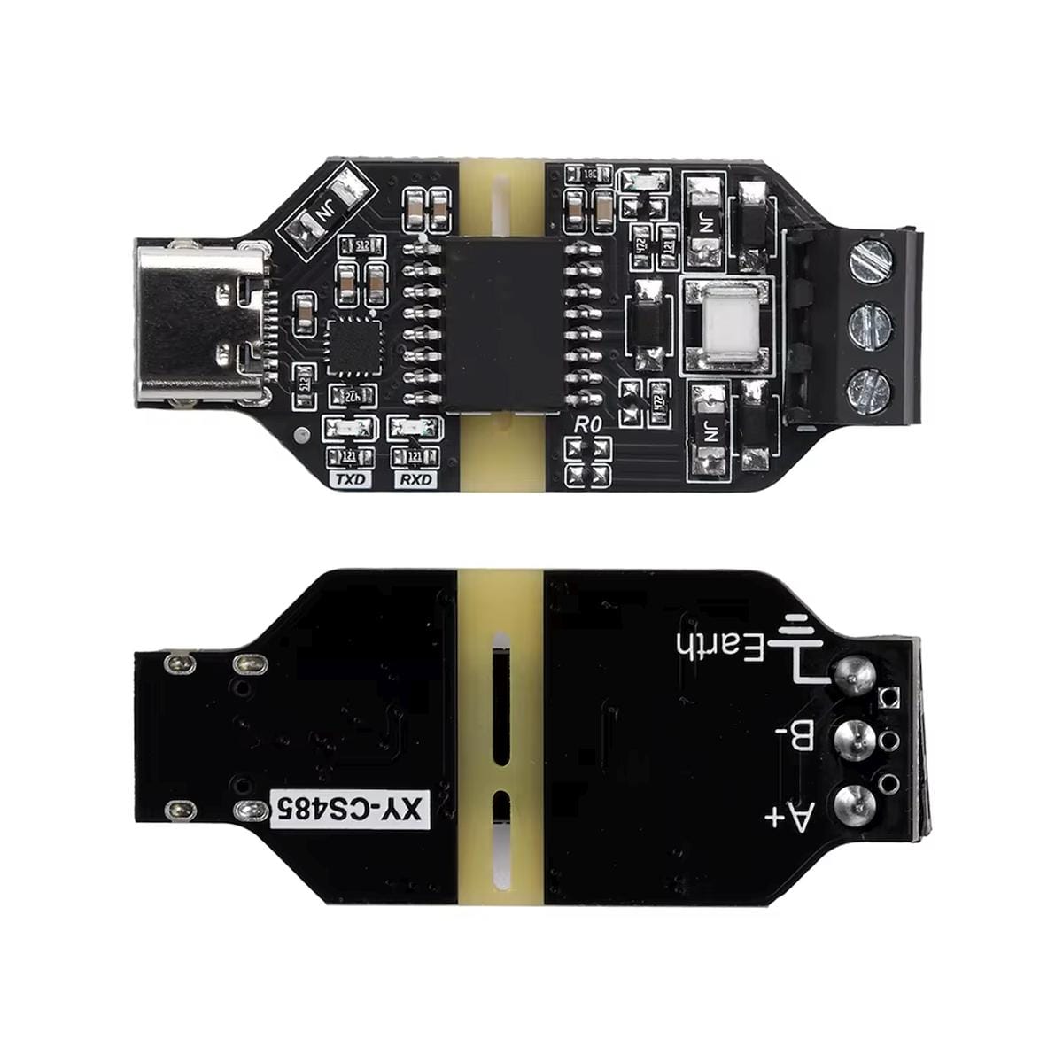 USB–RS485 illesztő felső és alsó oldala egymás alatt, USB-C csatlakozóval, hárompólusú sorkapoccsal, leválasztó elektronikával és hátoldali A+, B−, Earth jelölésekkel.