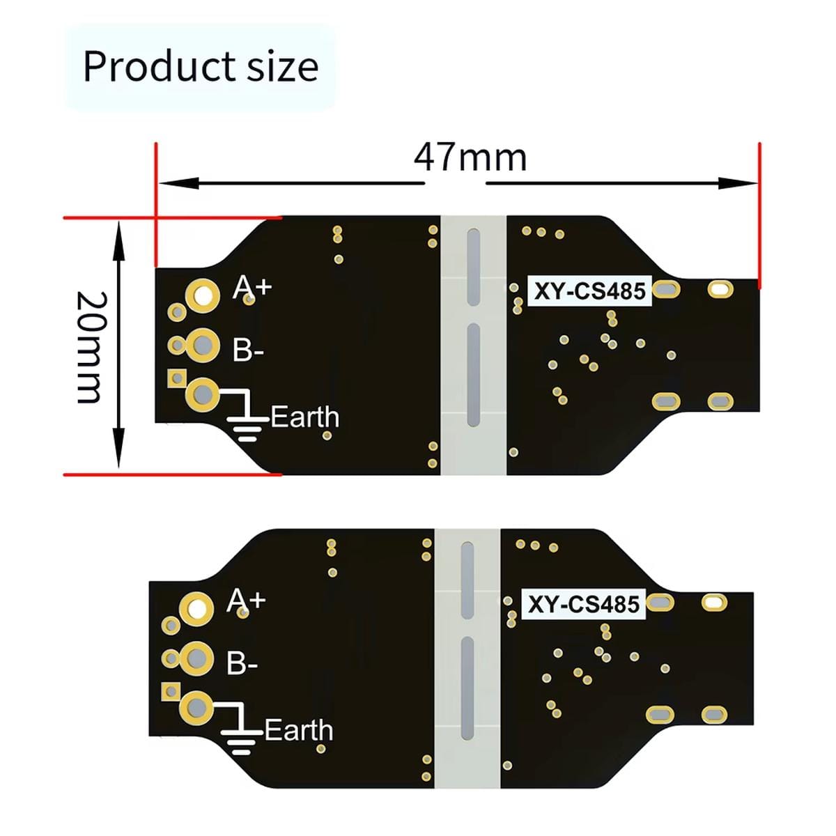 XY-CS485 USB–RS485 illesztő hátoldali méretábrája 47 × 20 milliméteres panellel, valamint A+, B− és Earth jelölésekkel a hárompólusú RS485 csatlakozás azonosításához.