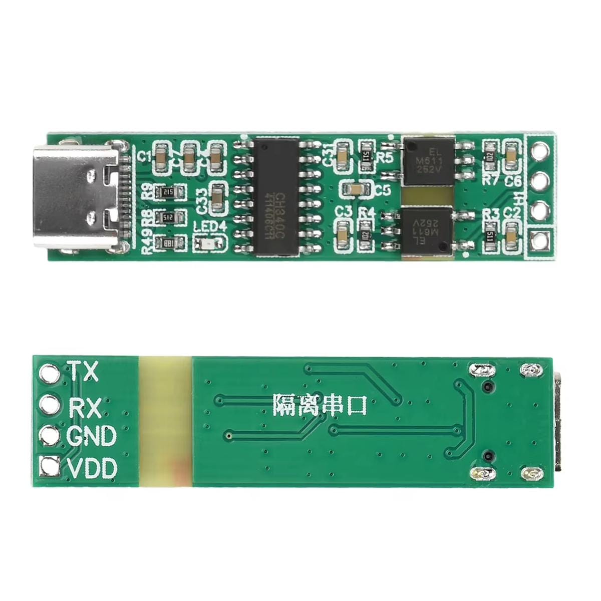 Galvanikusan leválasztott CH340 USB–TTL UART átalakító USB-C csatlakozóval, TX, RX, GND és VDD bekötési pontokkal, elő- és hátoldali nézetben mikrokontrolleres soros kommunikációhoz.