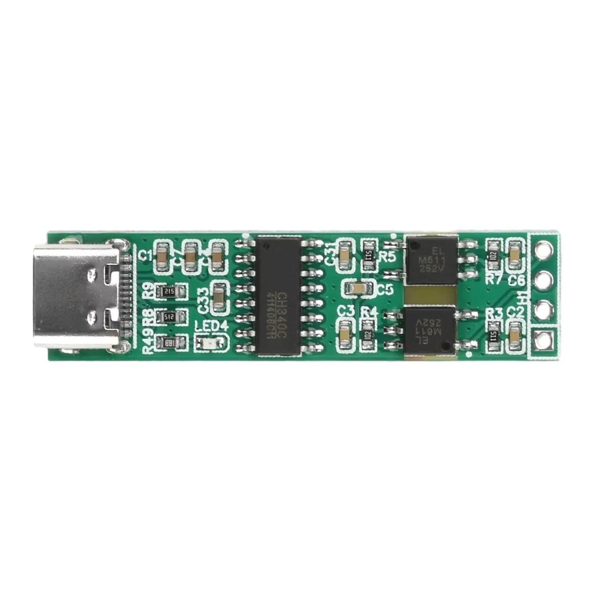 CH340 alapú galvanikusan leválasztott USB–TTL UART átalakító felülnézetből, USB-C csatlakozóval, optocsatolókkal, SMD alkatrészekkel és négy TTL oldali bekötési ponttal mikrokontrolleres hibakereséshez.