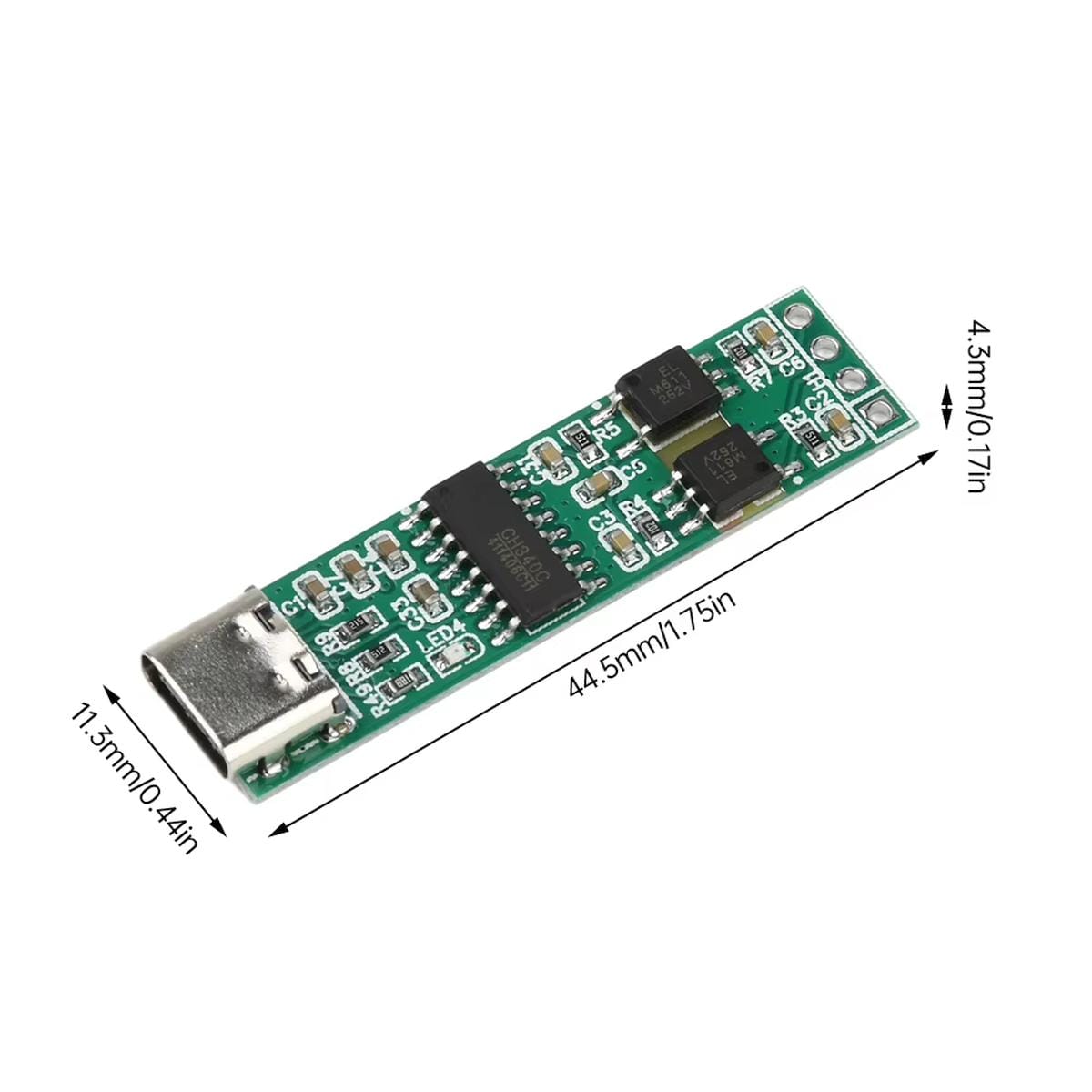 Galvanikusan leválasztott USB–TTL UART modul méretábrája, 44,5 milliméteres hosszúsággal, 11,3 milliméteres szélességgel és 4,3 milliméteres panelmagassággal, USB-C csatlakozóval kompakt beépítéshez.
