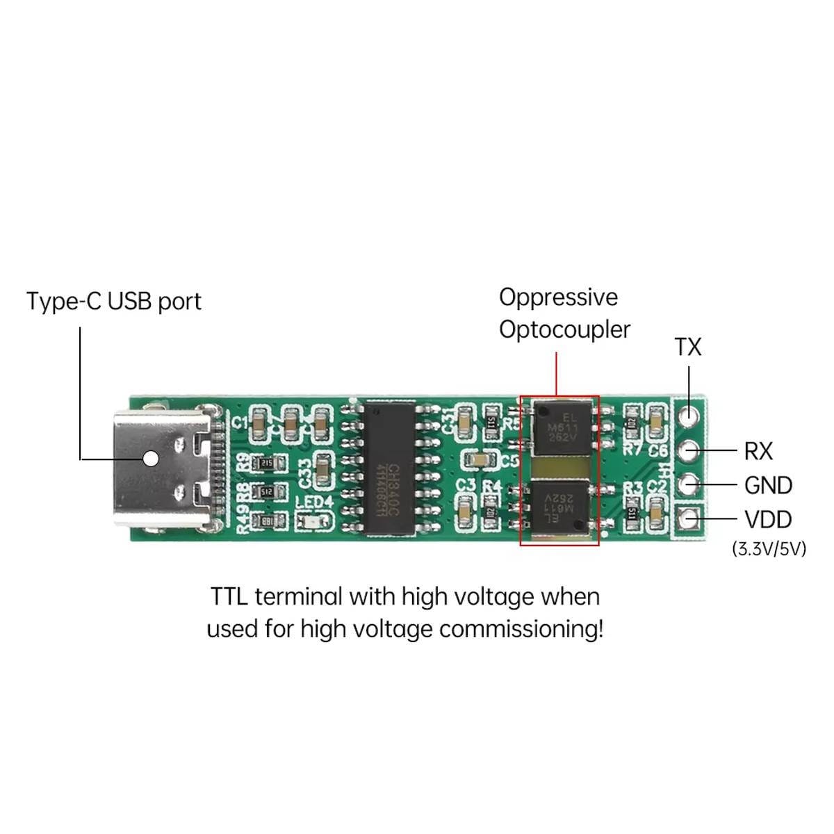 USB–TTL UART átalakító bekötési ábrája USB-C porttal, két optocsatolóval, valamint TX, RX, GND és VDD 3,3 vagy 5 voltos csatlakozási pontokkal.