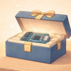 Egy elegáns díszdobozban, bársonyos párnán pihenő mikrokontrolleres fejlesztőpanel, ajándékként tálalva.
