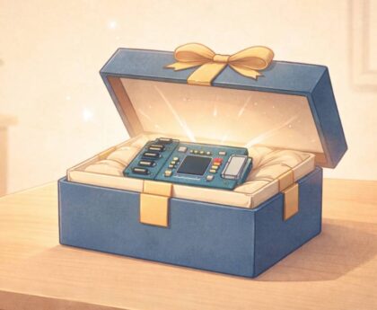 Egy elegáns díszdobozban, bársonyos párnán pihenő mikrokontrolleres fejlesztőpanel, ajándékként tálalva.