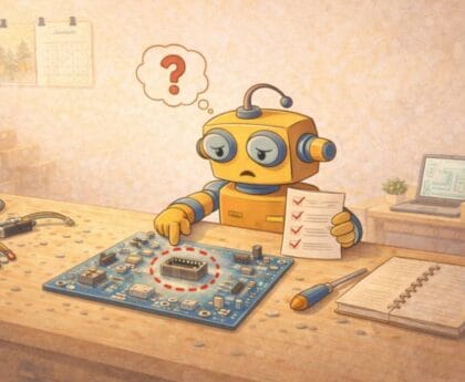 Rajzolt robot egy mikrokontrolleres áramköri lappal dolgozik egy műhelyben, kérdőjellel a feje felett, miközben egy ellenőrzőlistát tart.